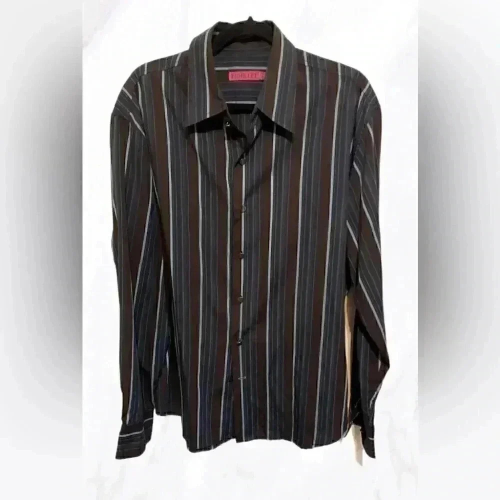 Fiorucci brown navy striped long sleeve button down dress shirt XL